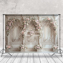 Aperturee - Beige Retro Luxury Wall Pink Floral Wedding Backdrop