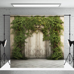 Aperturee - Beige Vintage Door Greenery Spring Photo Backdrop