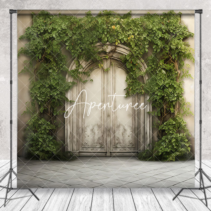 Aperturee - Beige Vintage Door Greenery Spring Photo Backdrop