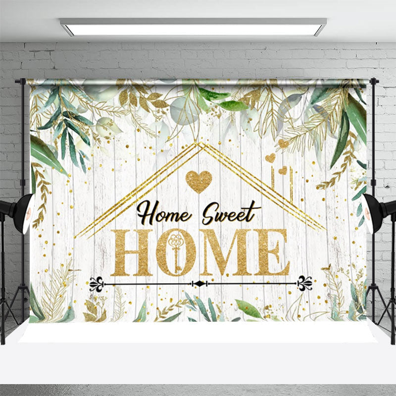 Aperturee - Beige Wood Gold Green Leaf Dot Housewarming Backdrop