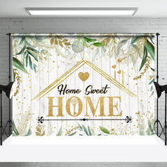 Aperturee - Beige Wood Gold Green Leaf Dot Housewarming Backdrop