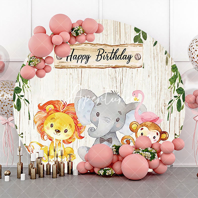 Aperturee - Beige Wood Leaves Cute Animals Birthday Backdrop