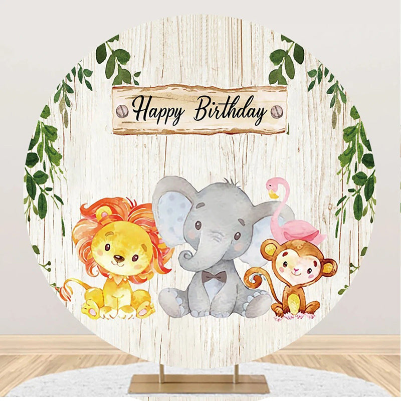 Aperturee - Beige Wood Leaves Cute Animals Birthday Backdrop