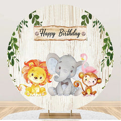 Aperturee - Beige Wood Leaves Cute Animals Birthday Backdrop