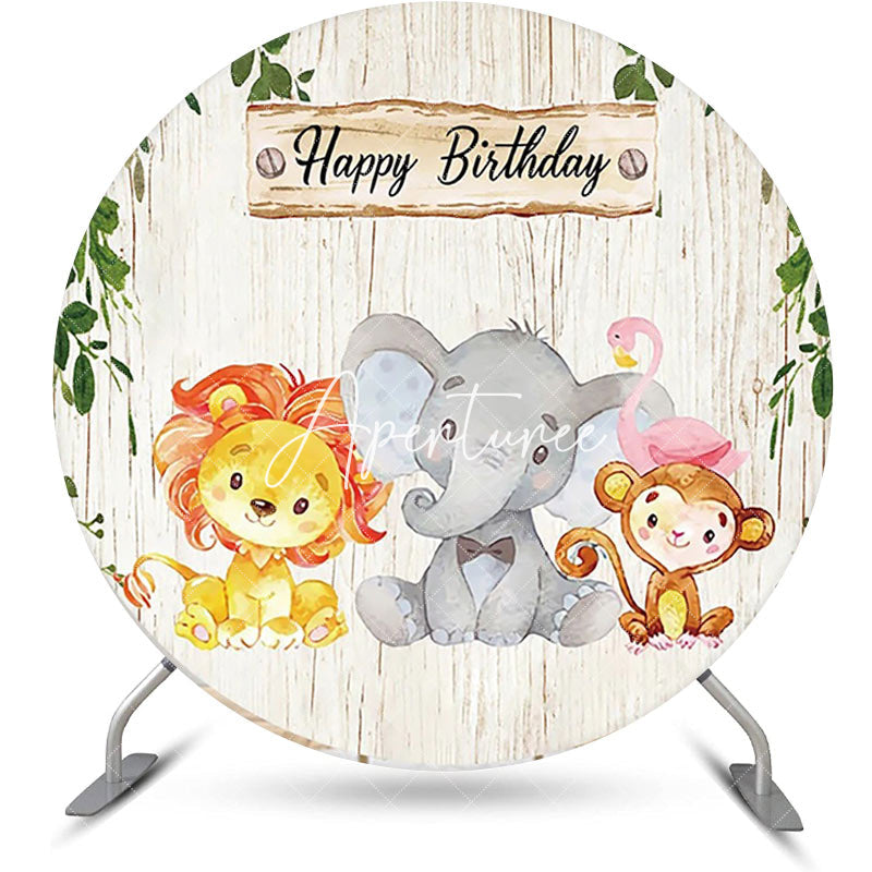 Aperturee - Beige Wood Leaves Cute Animals Birthday Backdrop