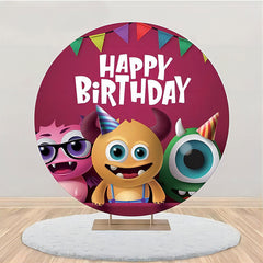 Aperturee - Berry Red Cute Monster Round Happy Birthday Backdrop