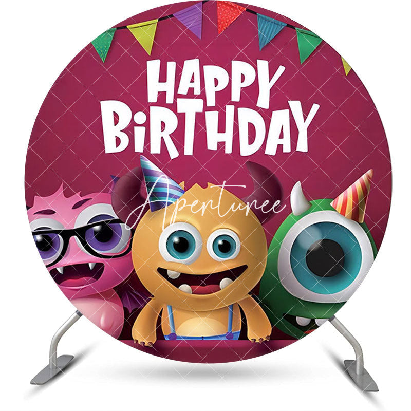 Aperturee - Berry Red Cute Monster Round Happy Birthday Backdrop