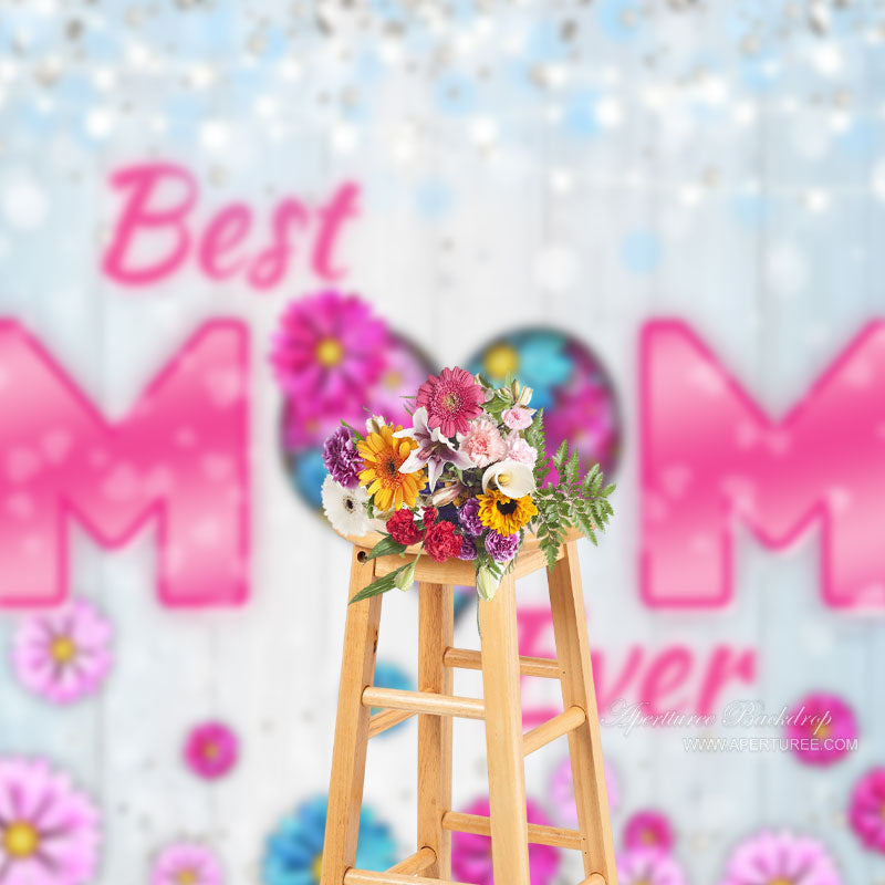 Aperturee - Best Mom Diamond Floral Wooden Bokeh Mothers Day Backdrop