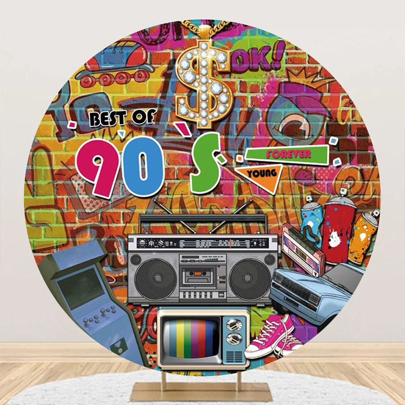 Aperturee - Best Of 90s Graffiti Brick Wall Round Party Backdrop