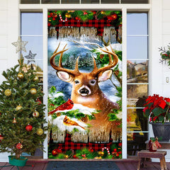 Aperturee - Birds Elk Plank Snowy Red Plaid Christmas Door Cover