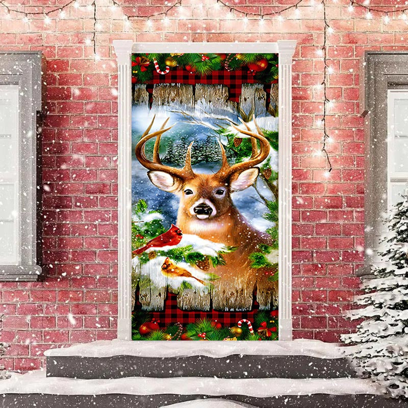 Aperturee - Birds Elk Plank Snowy Red Plaid Christmas Door Cover