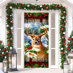 Aperturee - Birds Elk Plank Snowy Red Plaid Christmas Door Cover