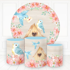 Aperturee Birds In Love Floral Wood House Round Birthday Backdrop Kit