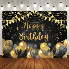 Aperturee - Black And Gold Bokeh Glitter Happy Birthday Backdrop