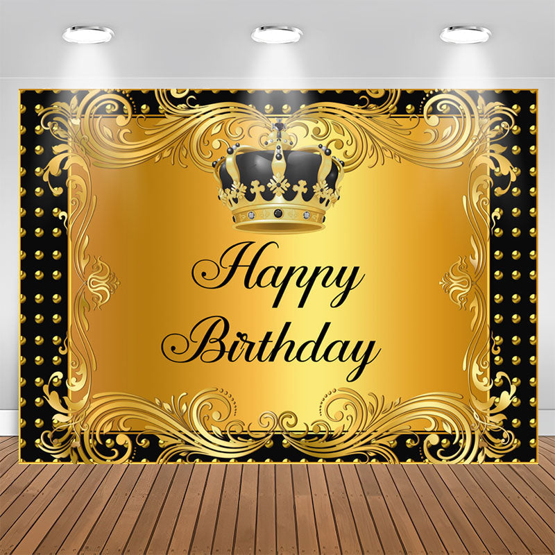 Aperturee - Black and Gold Crown Curtain Happy Birthday Backdrop