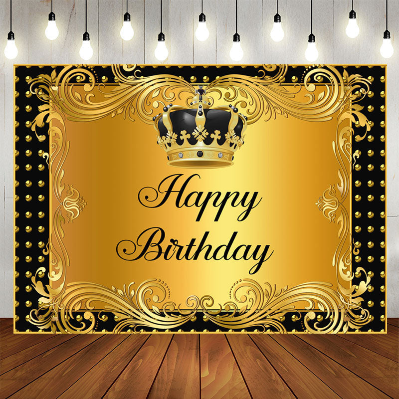 Aperturee - Black and Gold Crown Curtain Happy Birthday Backdrop