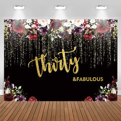 Aperturee - Black and Gold Glitter Floral 30th Birthday Backdrop