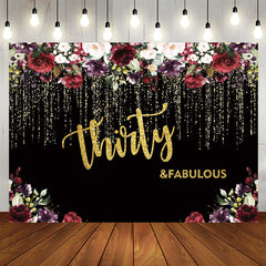 Aperturee - Black and Gold Glitter Floral 30th Birthday Backdrop