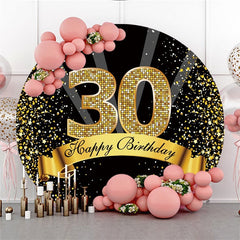 Aperturee Black And Gold Glitter Happy 30th Birthday Round Backdrops