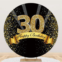 Aperturee Black And Gold Glitter Happy 30th Birthday Round Backdrops