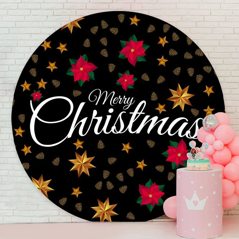 Aperturee - Black And Gold Round Merry Christmas Backdrop