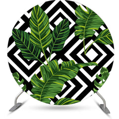 Aperturee - Black And White Stripes Round Leaves Birthday Backdrop