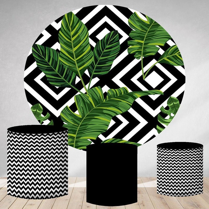 Aperturee Black And White Stripes Round Leaves Birthday Backdrop