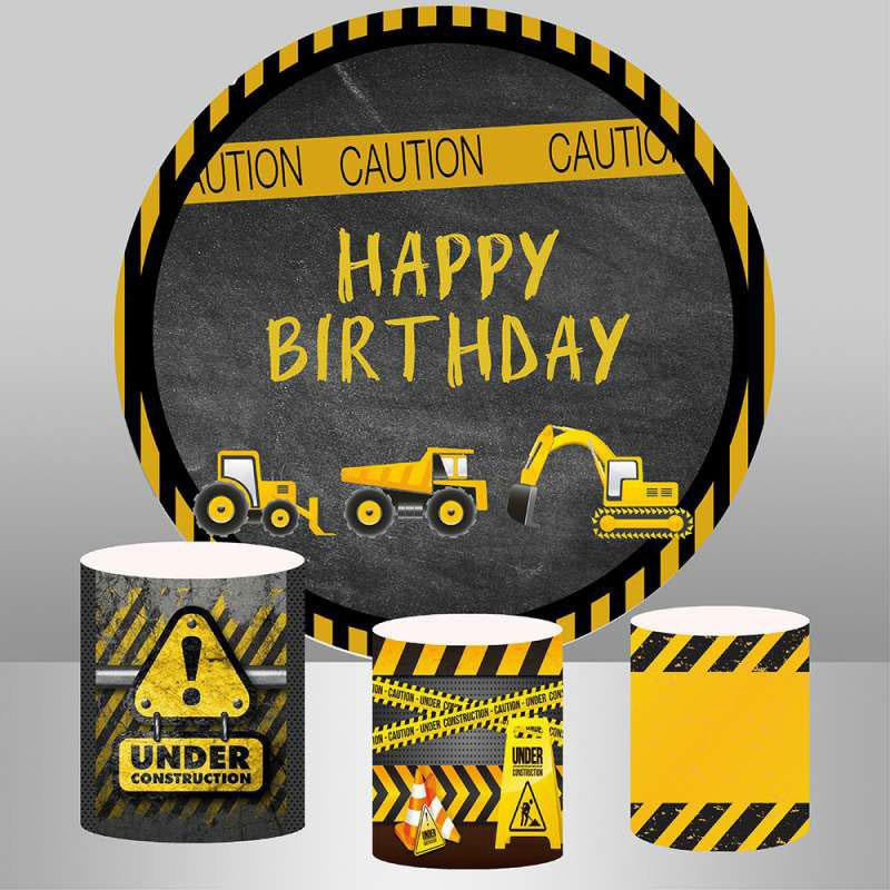 Aperturee Black And Yellow Round Truck Happy Birthday Backdrop