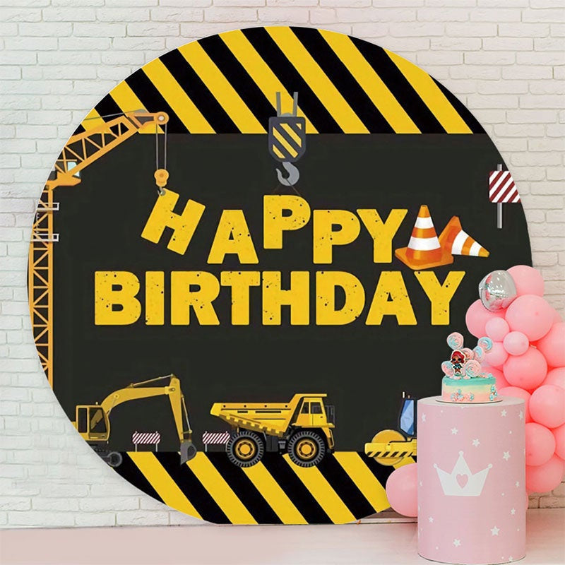 Aperturee - Black And Yellow Trnck Round Boys Birthday Backdrop