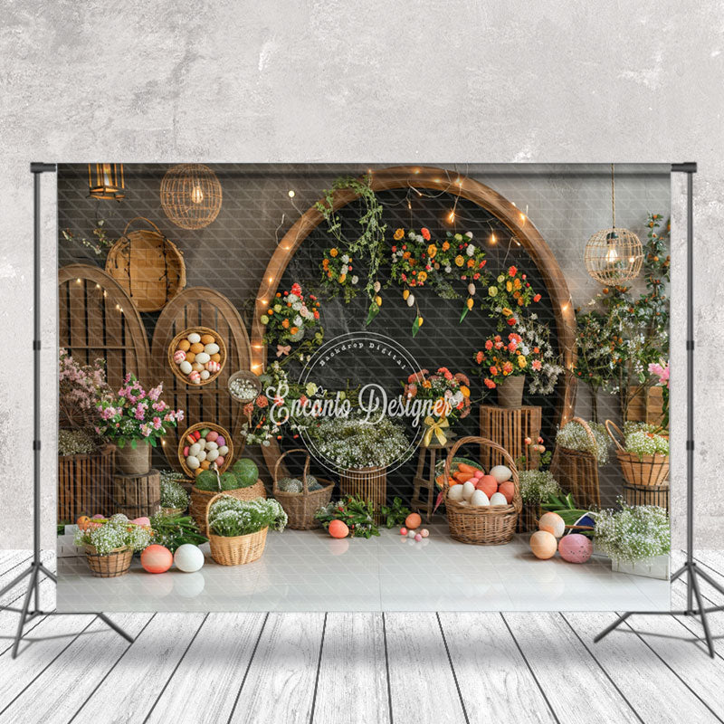 Aperturee - Black Arch Grey Wall Floral Easter Photo Backdrop