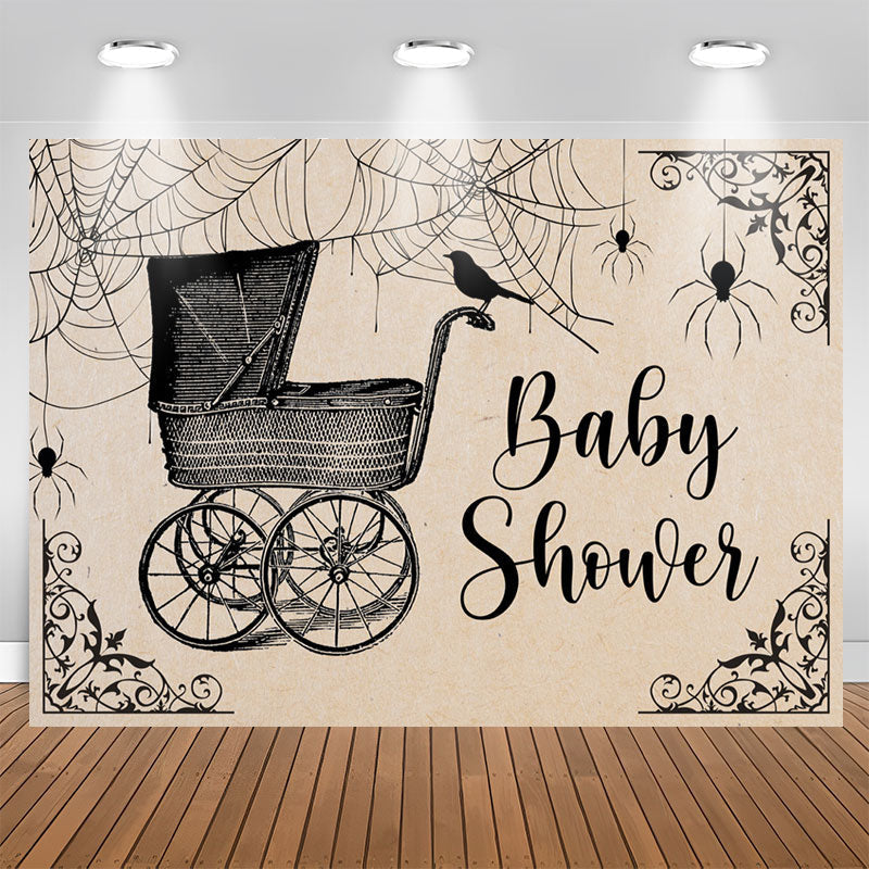 Aperturee - Black Baby Cart And Spider Halloween Baby Shower Backdrop