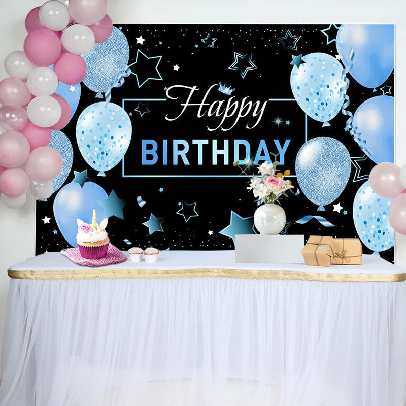 Aperturee - Black Blue Balloons Stars Happy Birthday Backdrop