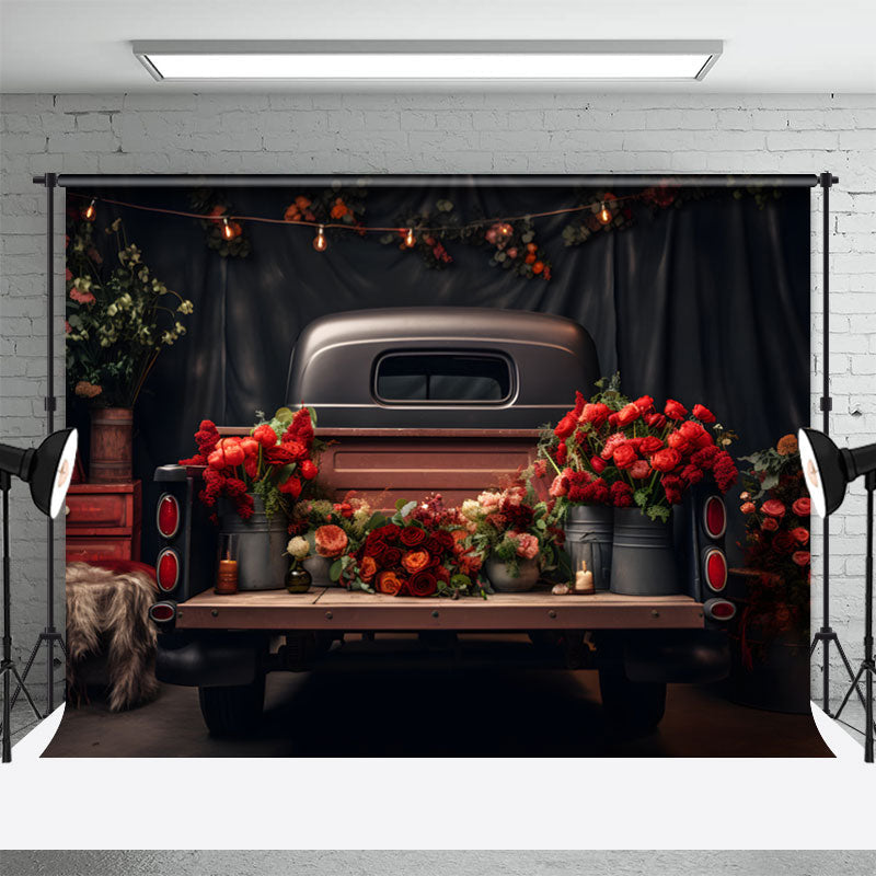 Aperturee - Black Car Curtain Red Rose Valentines Day Backdrop