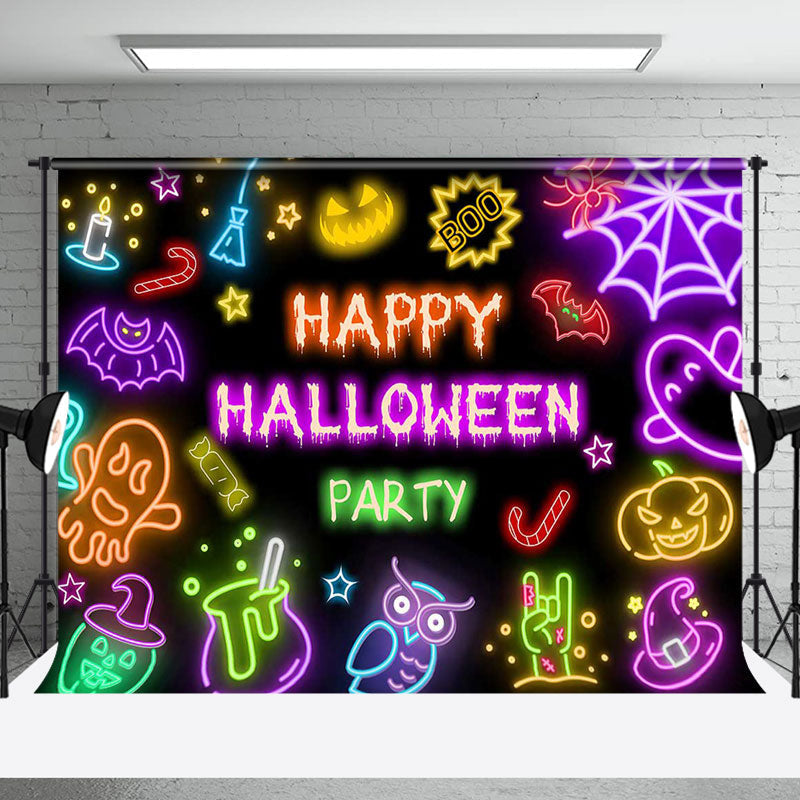 Aperturee - Black Colorful Neon Happy Halloween Party Backdrop