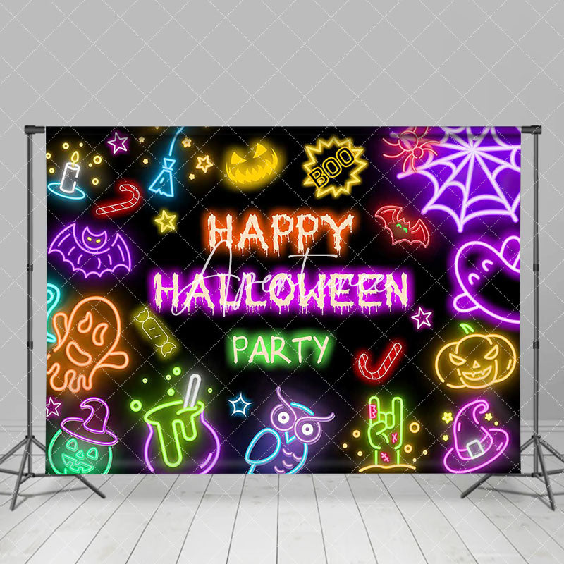 Aperturee - Black Colorful Neon Happy Halloween Party Backdrop