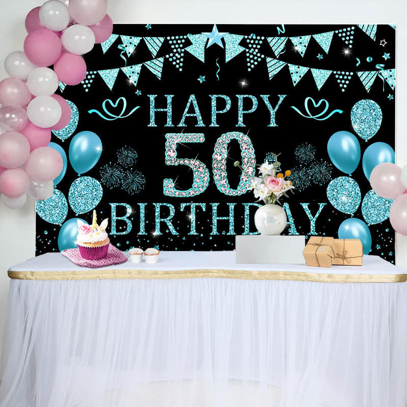 Aperturee - Black Cyan Balloons Glitter 50th Birthday Backdrop