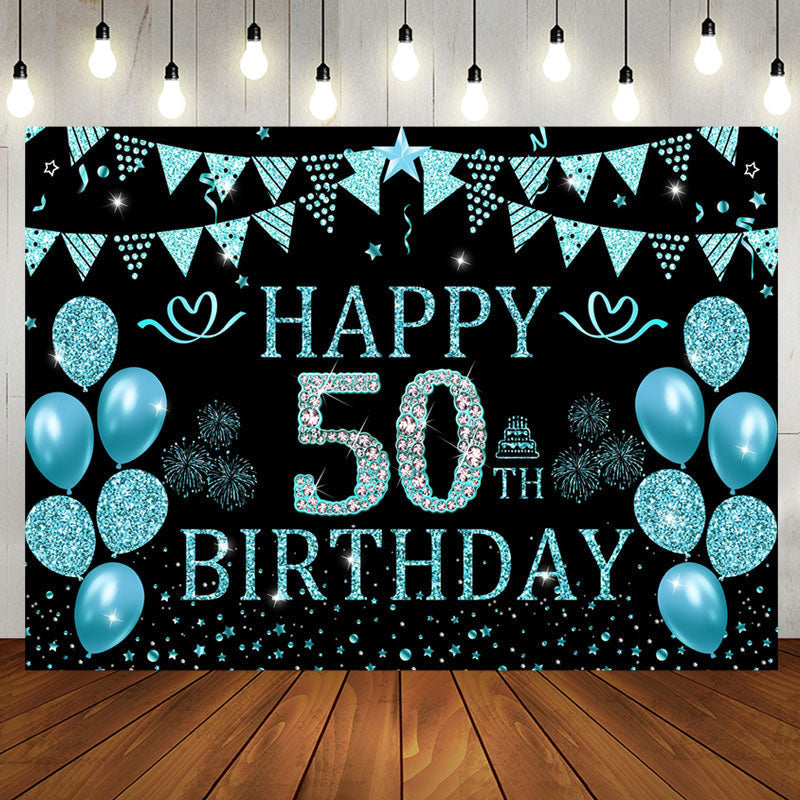 Aperturee - Black Cyan Balloons Glitter 50th Birthday Backdrop