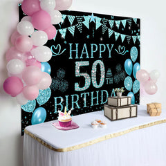 Aperturee - Black Cyan Balloons Glitter 50th Birthday Backdrop