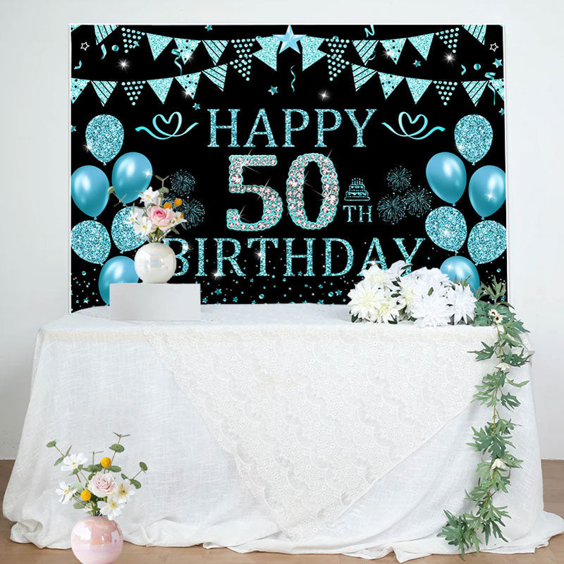 Aperturee - Black Cyan Balloons Glitter 50th Birthday Backdrop