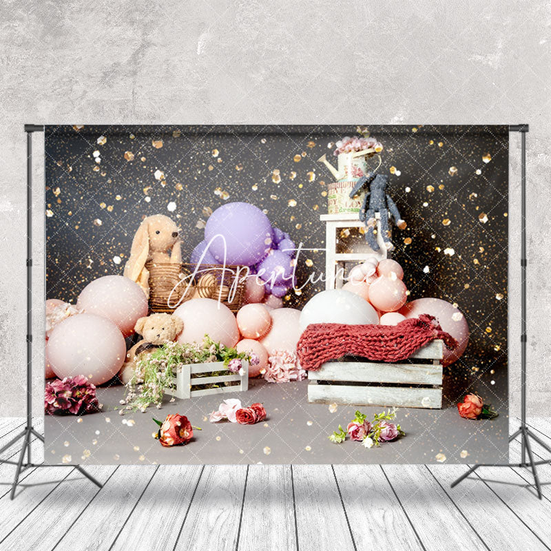 Aperturee - Black Doll Balloons Gold Sequins Cake Smash Backdrop