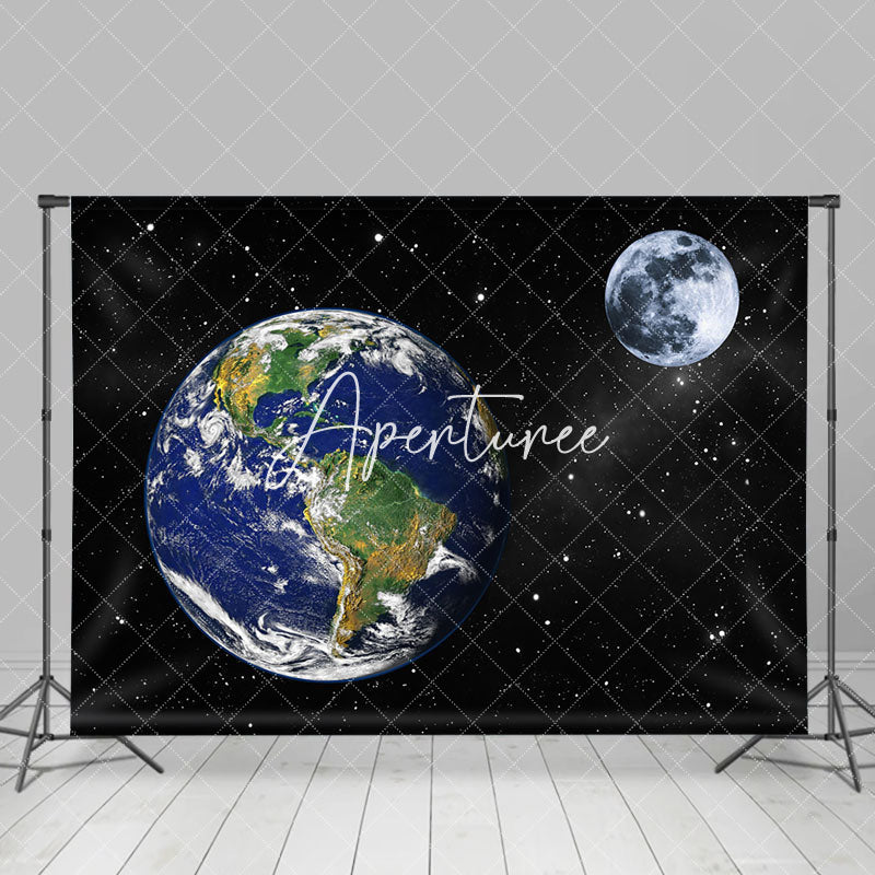 Aperturee - Black Earth Moon Stars Galaxy Backdrop For Party