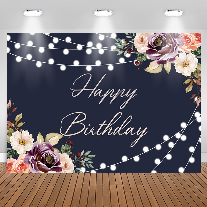 Aperturee - Black Floral And Glitter Lights Happy Birthday Backdrop