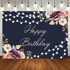 Aperturee - Black Floral And Glitter Lights Happy Birthday Backdrop