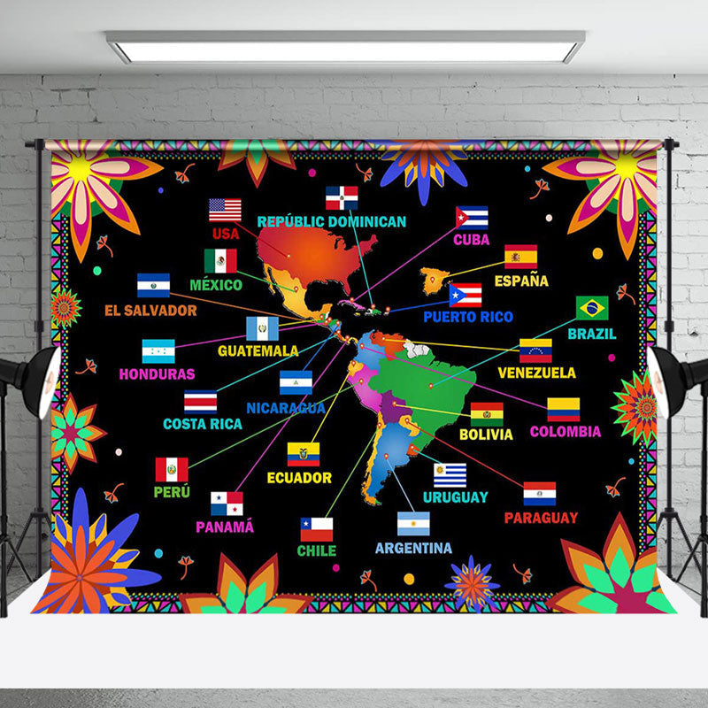 Aperturee - Black Floral Latin American Country Flags Backdrop