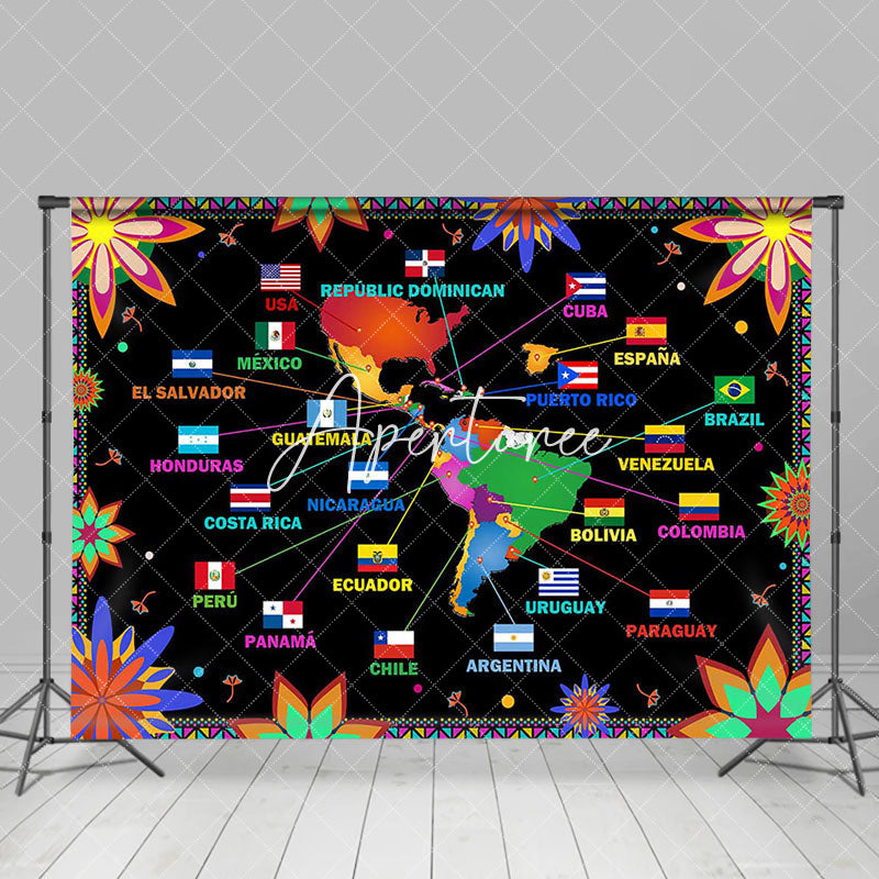 Aperturee - Black Floral Latin American Country Flags Backdrop