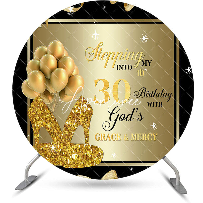 Aperturee - Black Gold Balloon Heel Round 30th Birthday Backdrop