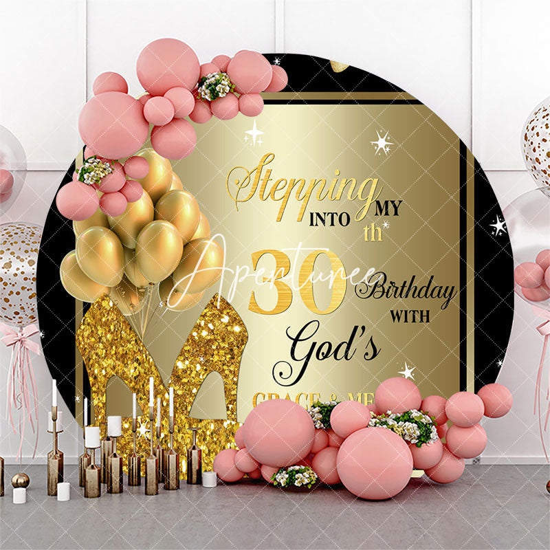 Aperturee - Black Gold Balloon Heel Round 30th Birthday Backdrop