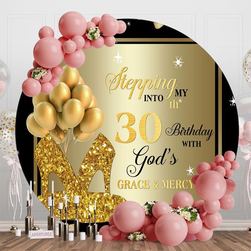 Aperturee - Black Gold Balloon Heel Round 30th Birthday Backdrop