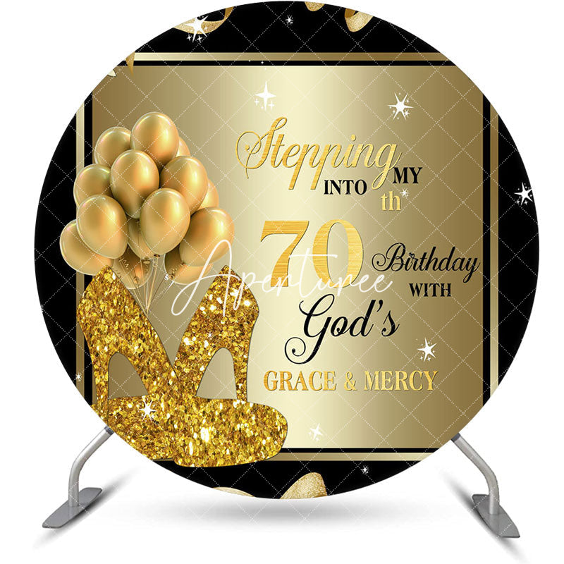 Aperturee - Black Gold Balloon Heel Round 70th Birthday Backdrop