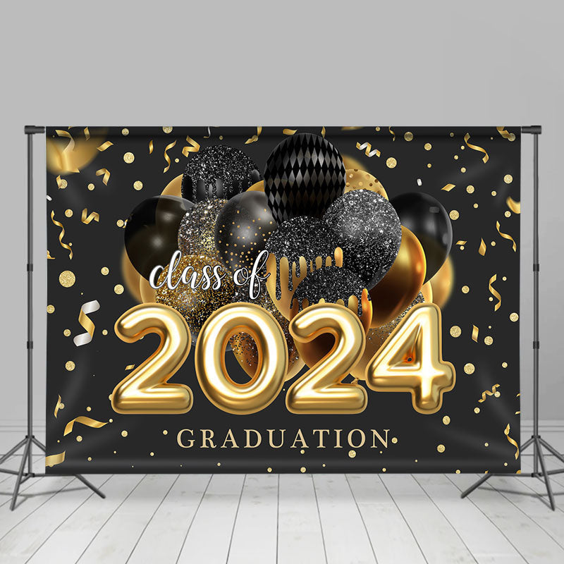 Aperturee - Black Gold Balloon Ribbon Class Of 2024 Grad Backdrop